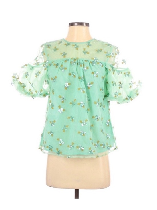 Anthropologie Sabine Beaded Sequin Mint Green Embroidered Puff Sleeve Blouse - Picture 4 of 11